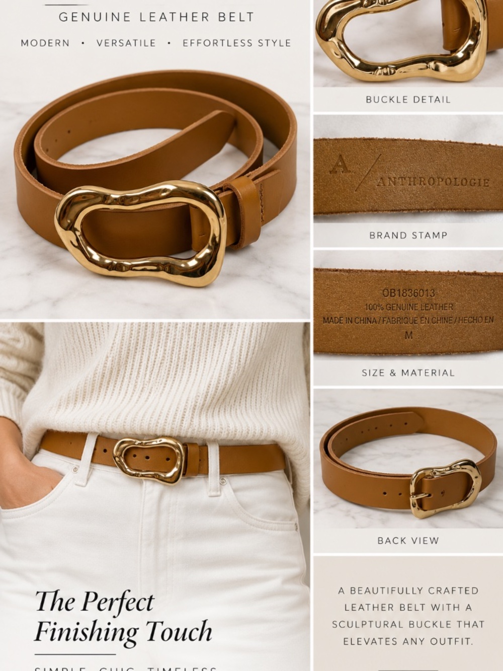 Anthropologie Tan Genuine Leather Belt Sculptural Gold Buckle Size M